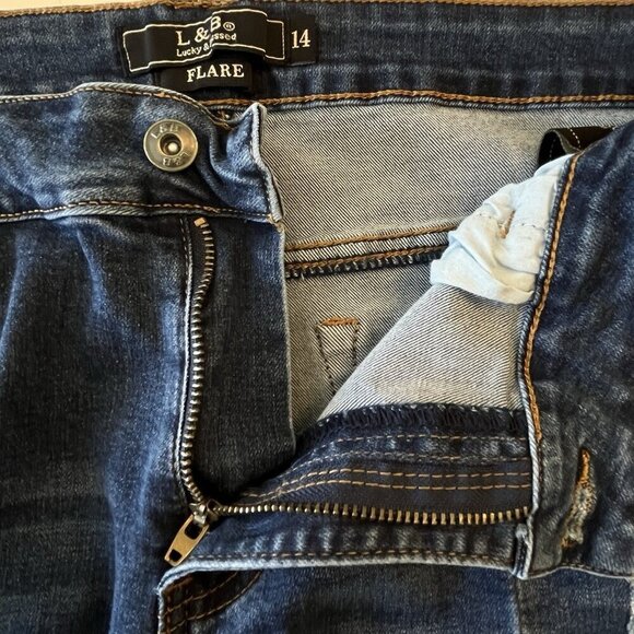 Lucky & Blessed Women 14 Flare Jean Wide Leg Patchwork Denim Western Distressed - Picture 4 of 14